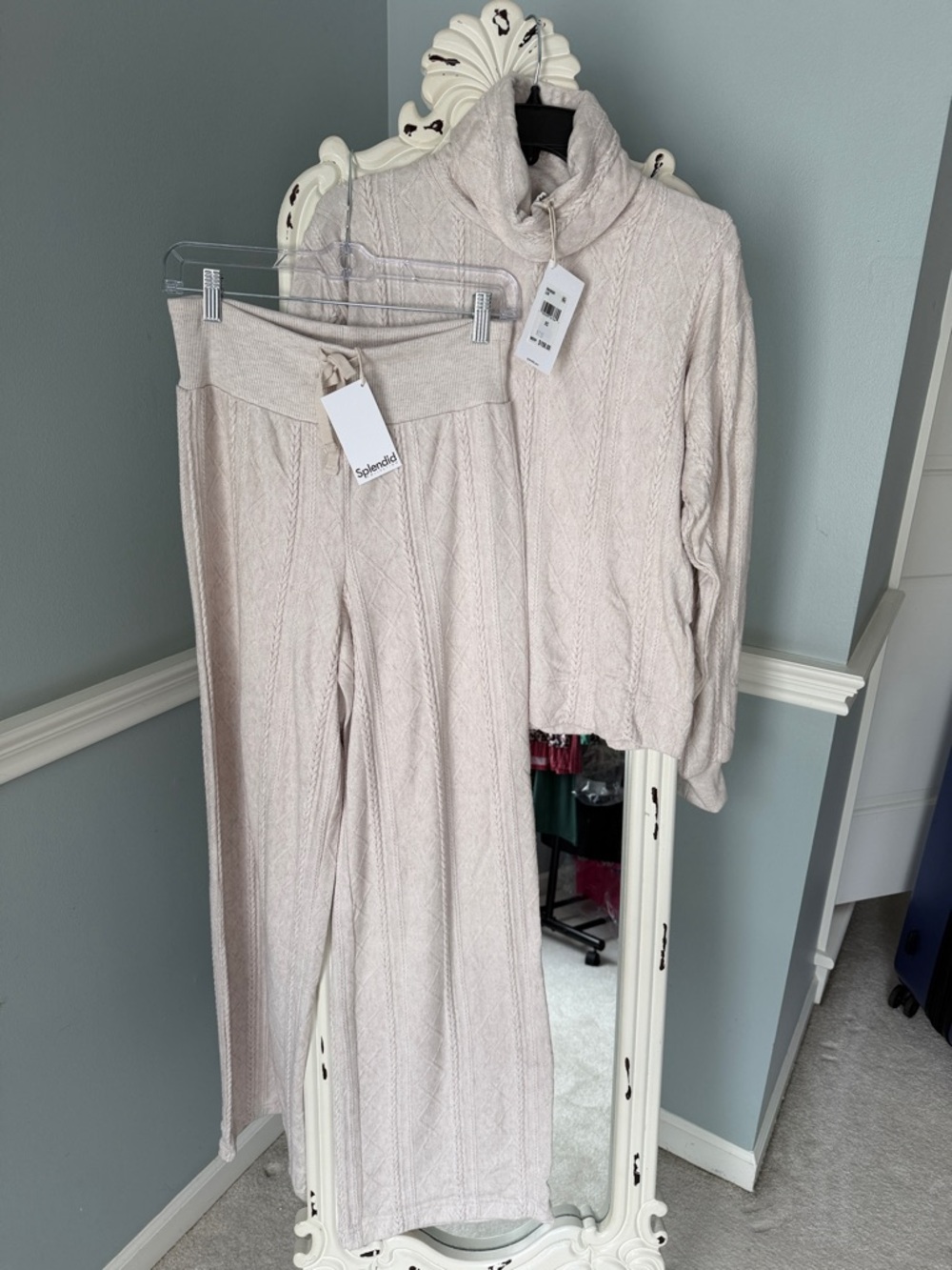 Splendid Cream Cable Knit Wide-Leg Pants and matching sweater.